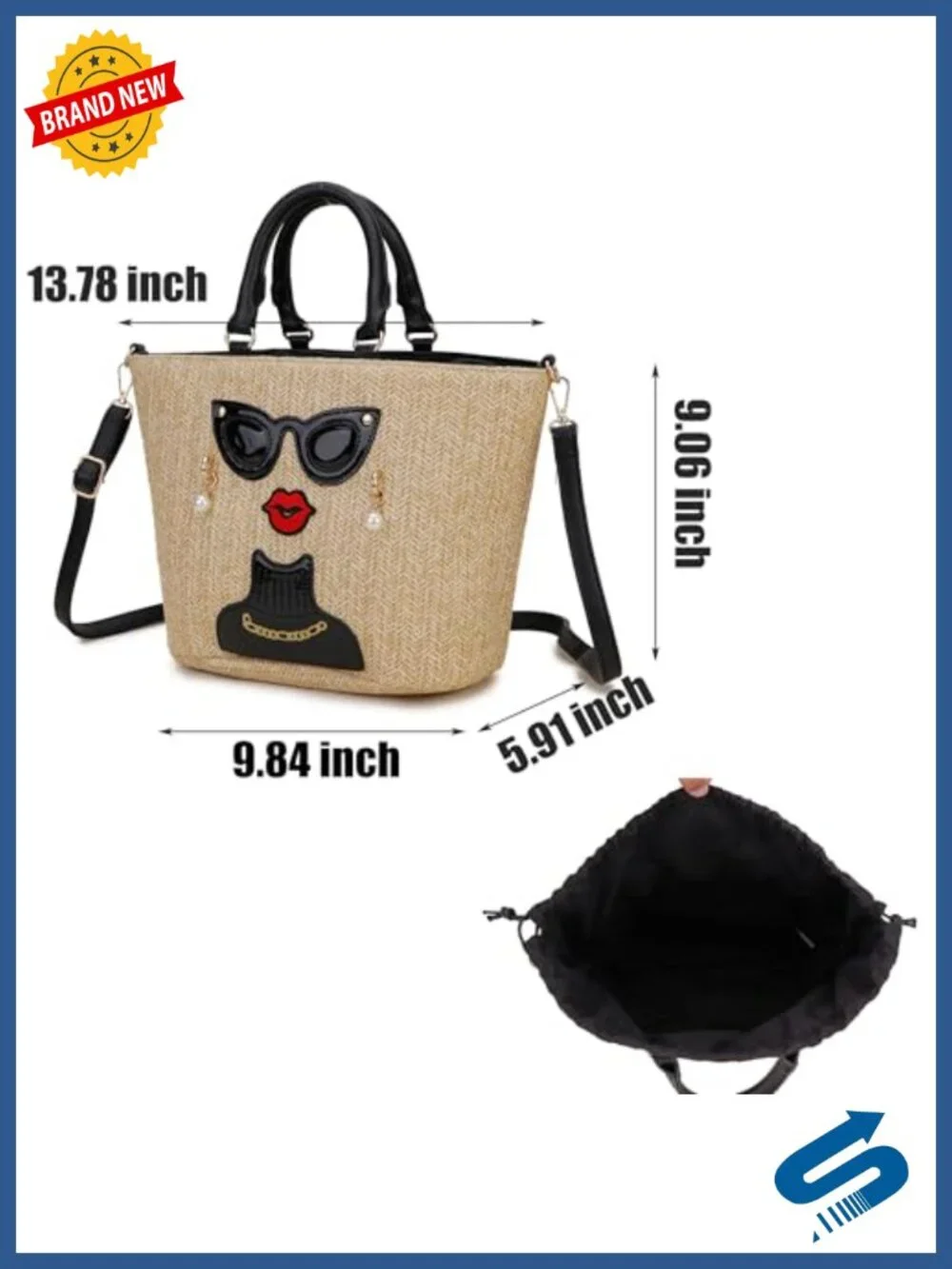 Funky Lady Face Straw Tote Bag Woven Top Handle Satchel Crossbody Purse